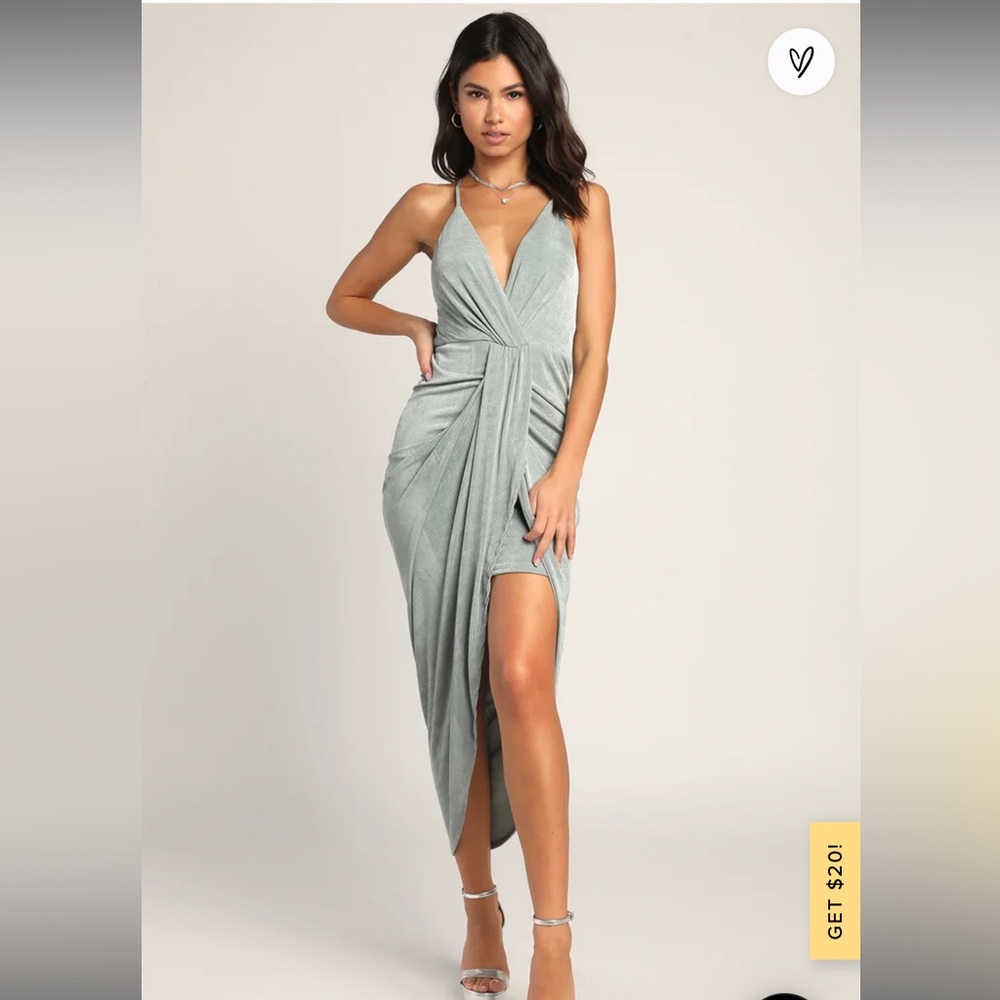 Lulus Dreamy Date Sage Blue Surplice Midi Dress